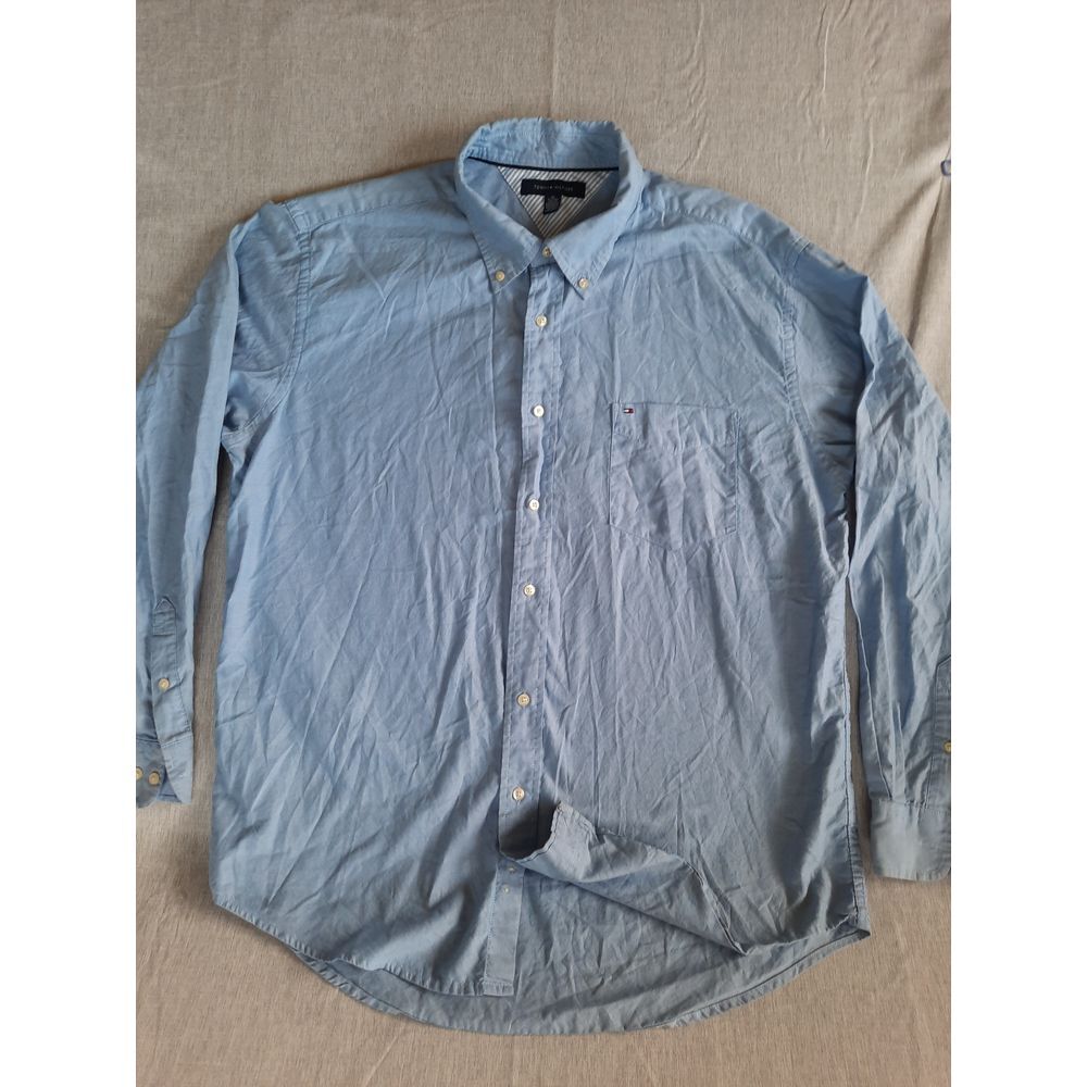 Tommy Hilfiger Men XL Chambray Blue Lined Button Shirt Long Sleeve Pocket Cotton